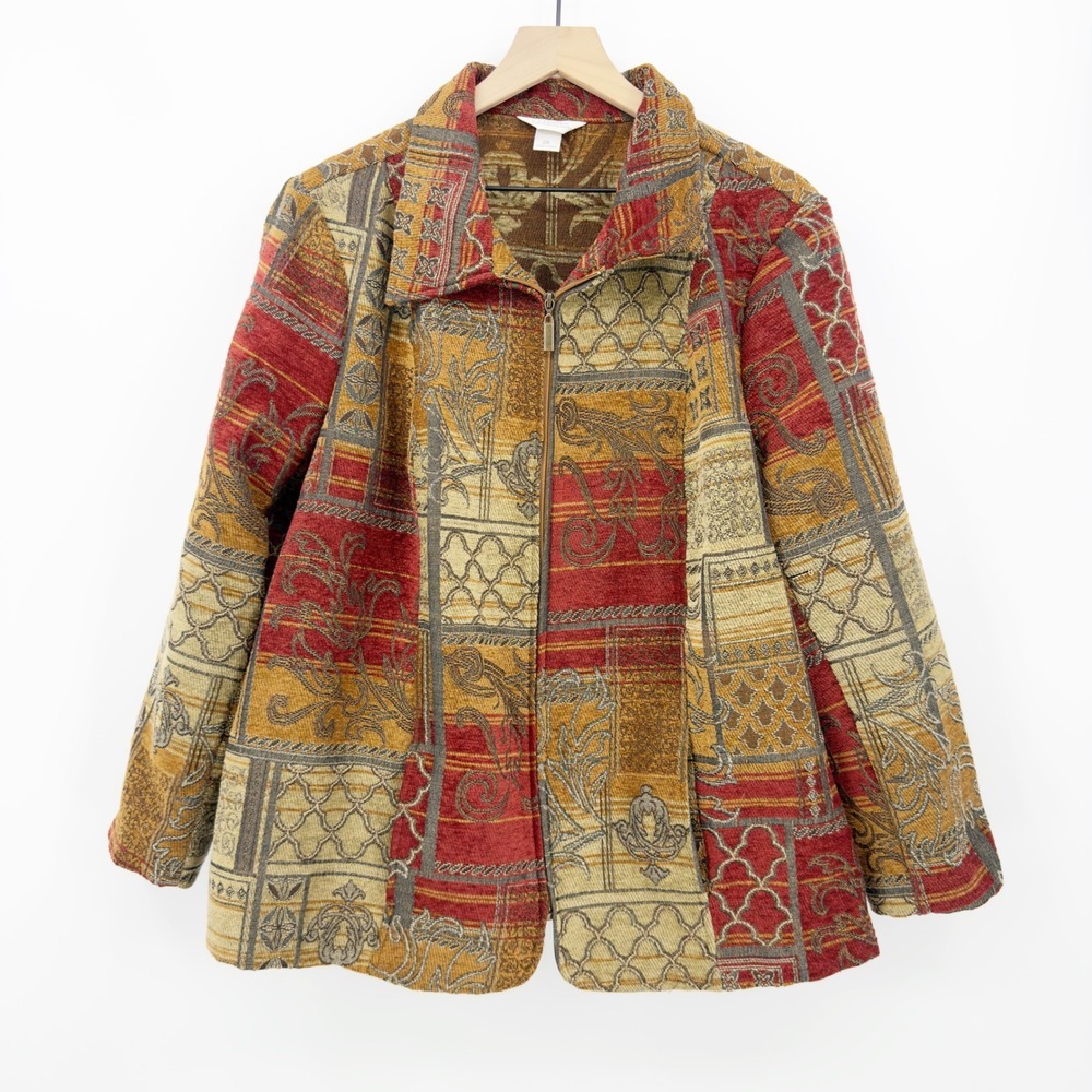 CJ Banks Tapestry Jacket Full Zip Patchwork Boho 2X Art To Wear Southwestern